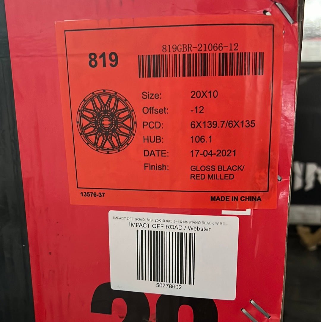 IMPACT OFF ROAD 819 20X10 6X5.5 - 6X135 PIANO BLACK W RED MILLING WINDOWS9 - Gun Hill Tire House (WTW - WHOLESALE TIRES & WHEELS)