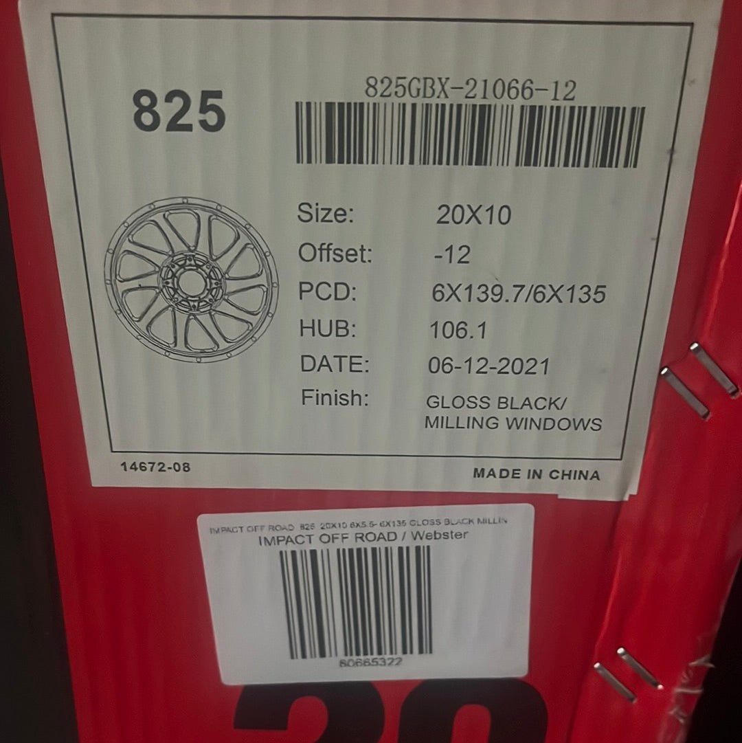 IMPACT OFF ROAD 825 20X10 6X5.5 - 6X135 GLOSS BLACK MILLING WINDOWS - Gun Hill Tire House (WTW - WHOLESALE TIRES & WHEELS)