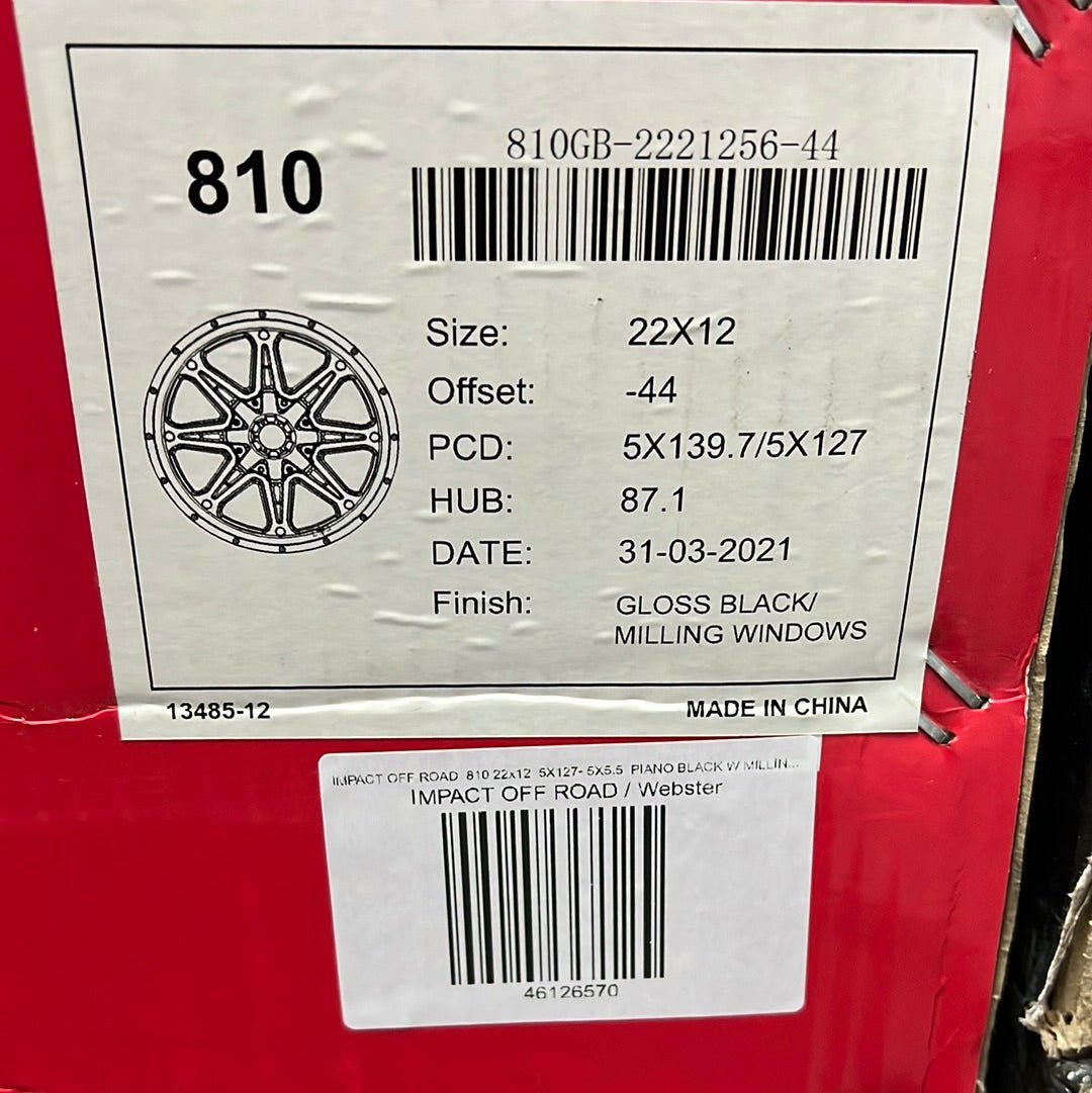 IMPACT OFF ROAD 810 22x12 5X127 - 5X5.5 PIANO BLACK W MILLING WINDOW - Gun Hill Tire House (WTW - WHOLESALE TIRES & WHEELS)