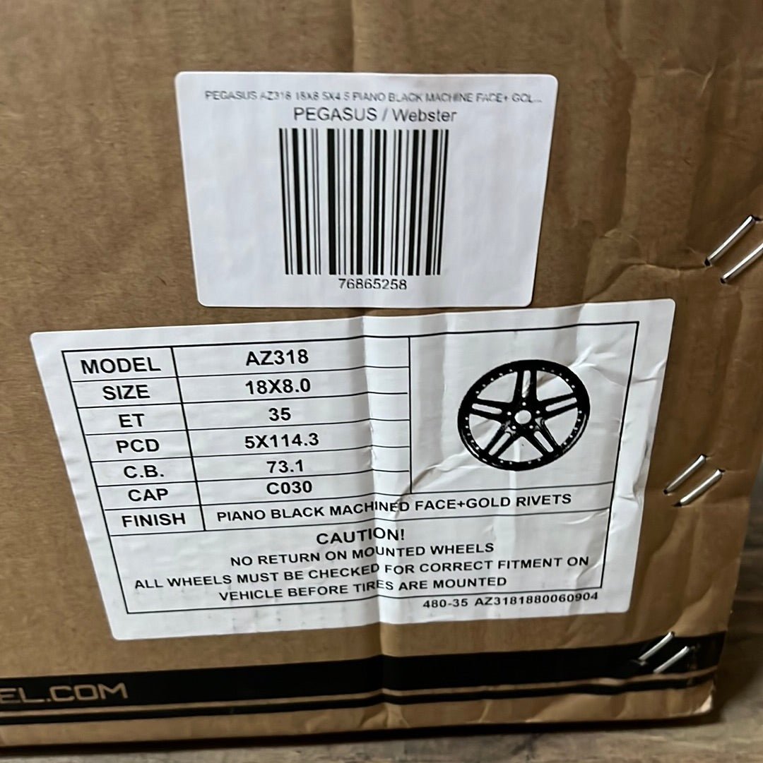 PEGASUS AZ318 18X8 5X4.5 PIANO BLACK MACHINE FACE+ GOLD RIVETS - Gun Hill Tire House (WTW - WHOLESALE TIRES & WHEELS)