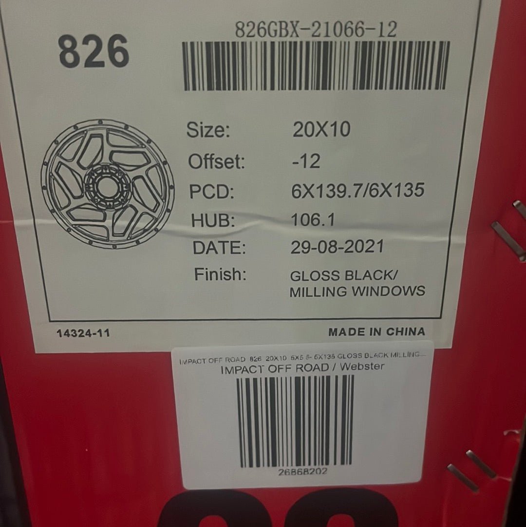 IMPACT OFF ROAD 826 20X10 6X5.5 - 6X135 GLOSS BLACK MILLING WINDOWS - Gun Hill Tire House (WTW - WHOLESALE TIRES & WHEELS)