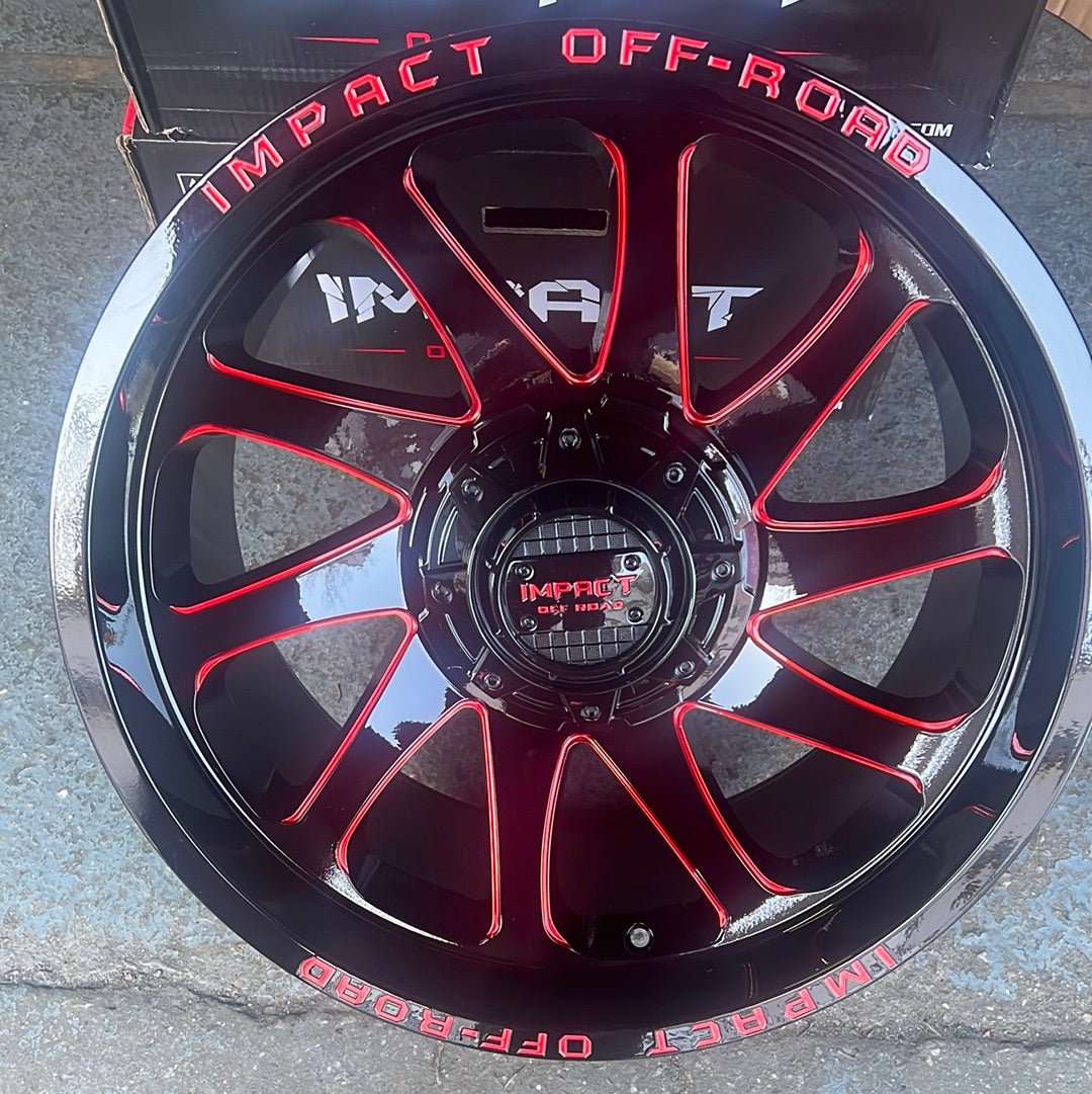 IMPACT OFF ROAD 825 20X10 6X135 - 6X5.5 PIANO BLACK WITH RED MILLING WINDOWS - Gun Hill Tire House (WTW - WHOLESALE TIRES & WHEELS)