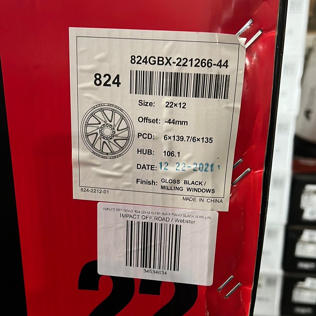 IMPACT OFF ROAD 824 22x12 6x135 - 6x5.5 PIANO BLACK W WILLING WINDOWS - Gun Hill Tire House (WTW - WHOLESALE TIRES & WHEELS)