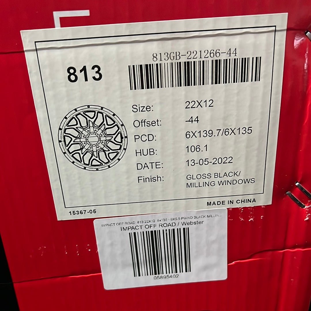 IMPACT OFF ROAD 813 22X12 6x135 - 6X5.5 PIANO BLACK MILLING WINDOWS - Gun Hill Tire House (WTW - WHOLESALE TIRES & WHEELS)
