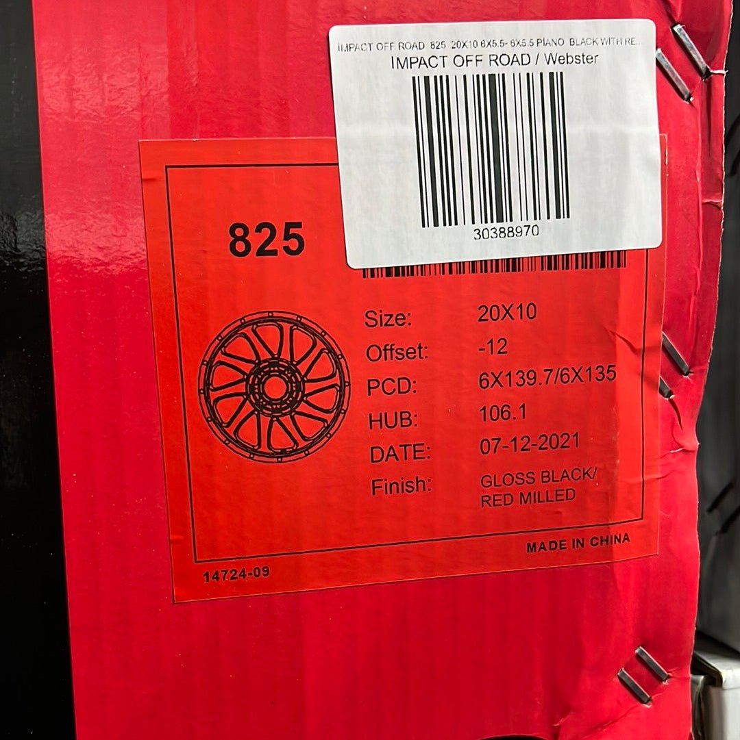 IMPACT OFF ROAD 825 20X10 6X135 - 6X5.5 PIANO BLACK WITH RED MILLING WINDOWS - Gun Hill Tire House (WTW - WHOLESALE TIRES & WHEELS)